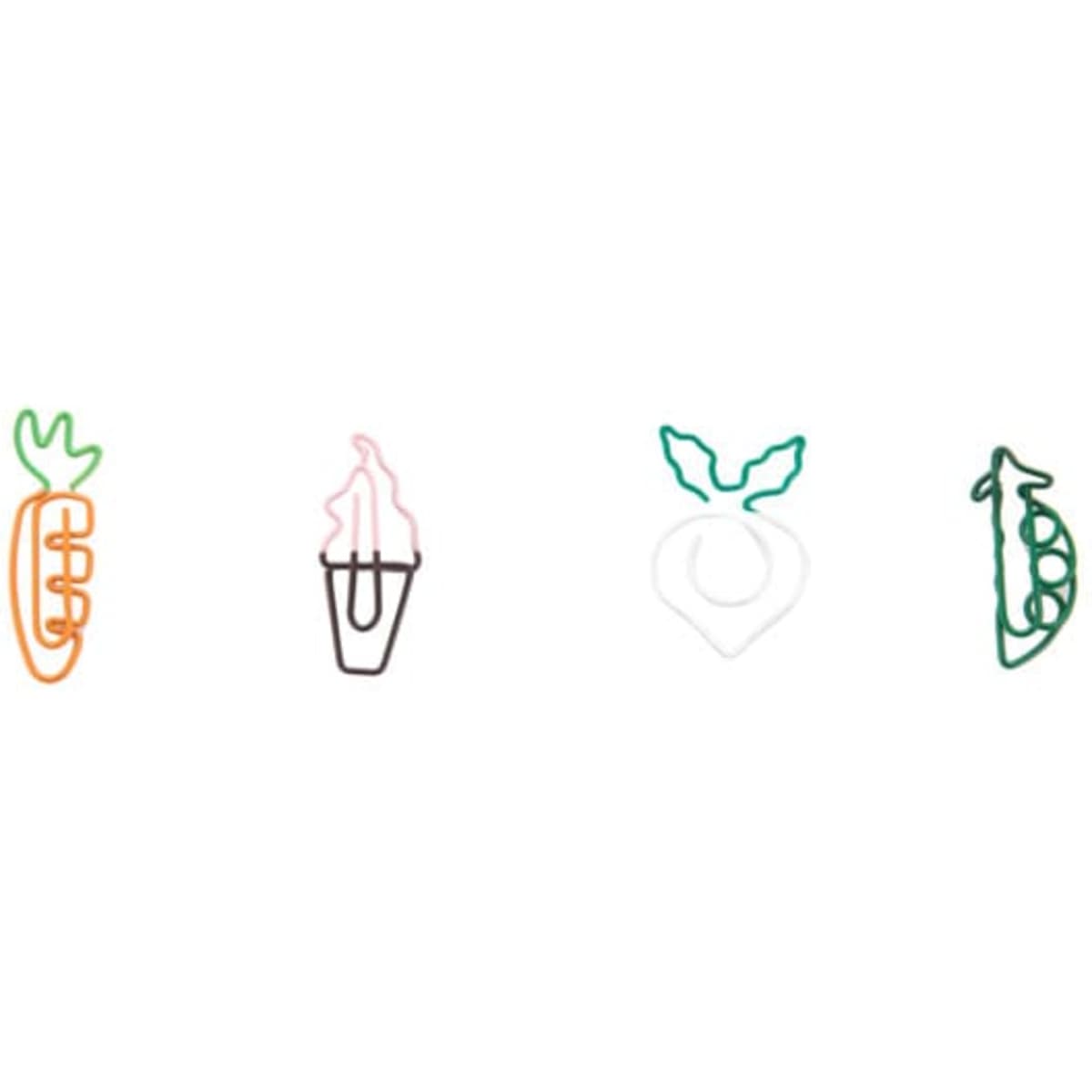 A set of four customised metal paper clips in the shapes of a carrot, ice cream, beetroot, and pea pod.