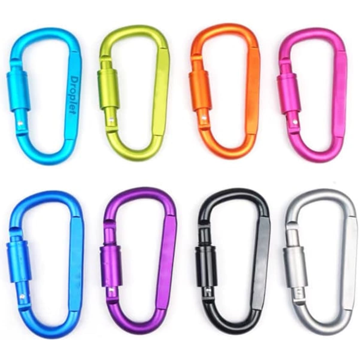A collection of D-shaped carabiners in green, orange, pink, blue, purple, black, and silver, featuring a logo.