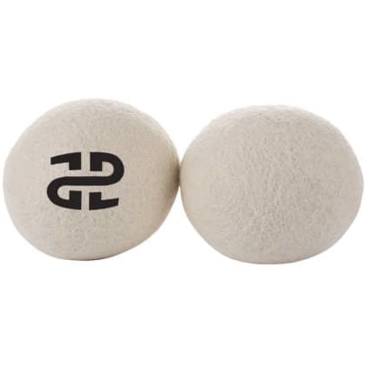 Two cream-coloured reusable wool dryer balls with a small logo on one ball.