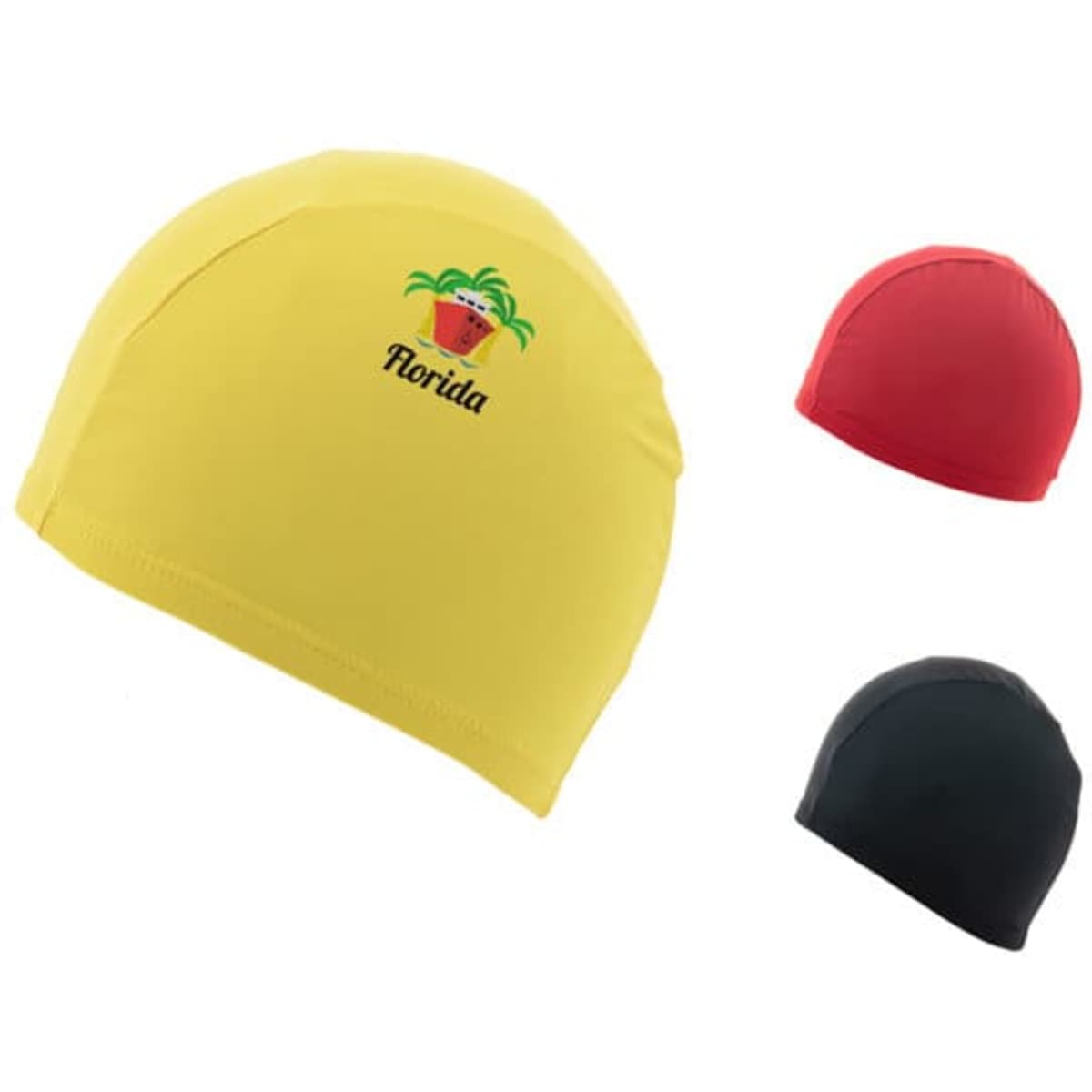 A Lycra swimming cap in yellow, red, and black, featuring a logo on the yellow cap.