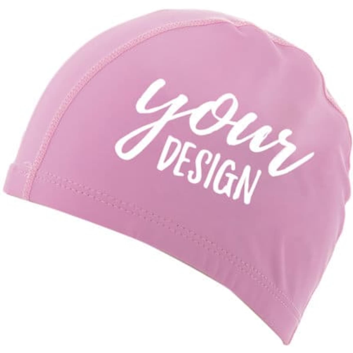 A pink swimming cap made from high-quality PU material, featuring a design space and a branding logo.