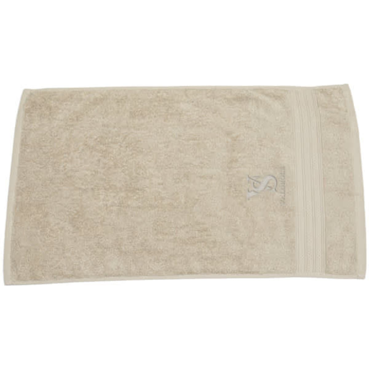 A beige embroidered cotton hand towel featuring a logo on one side.