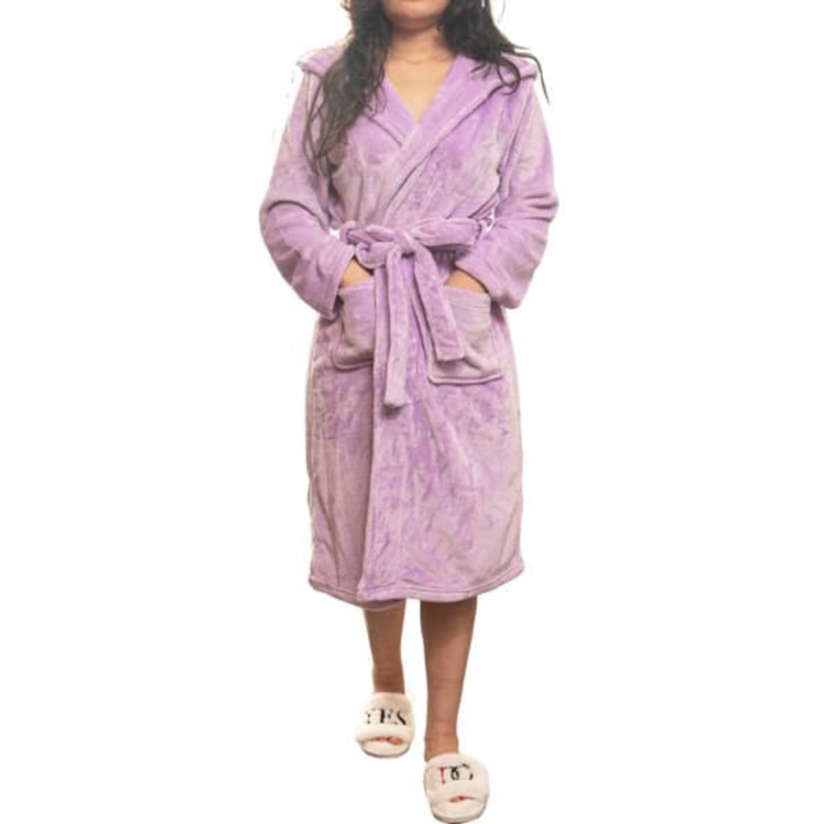 A purple flannel hooded robe with a tie belt, featuring long sleeves and an attached hood.
