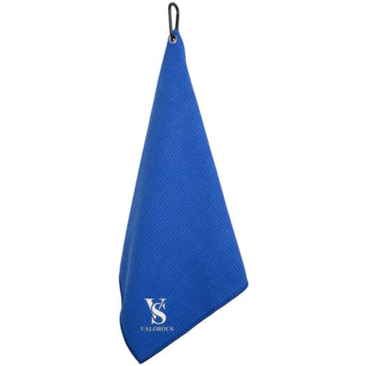 A blue waffle golf towel with a carabiner clip, featuring a logo. Ideal for golfing use.