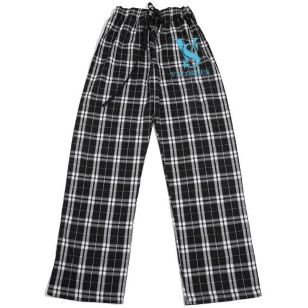 Plaid drawstring lounge pants in black and white with a logo on the front. Features a relaxed fit.
