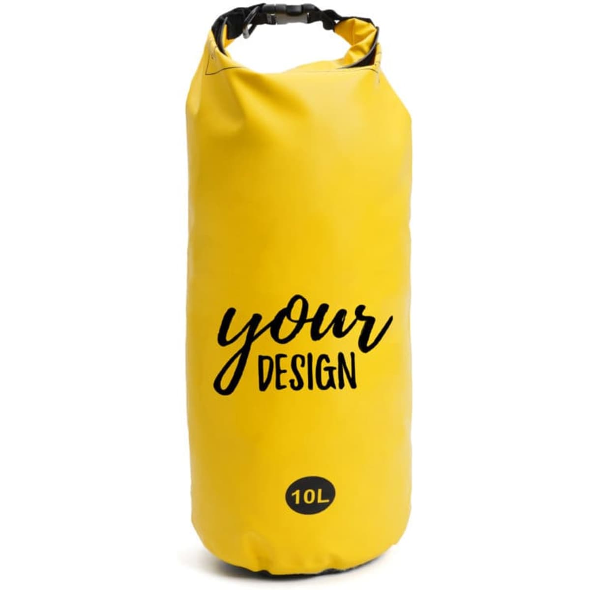 A yellow 10L PVC waterproof dry bag with a logo and features a blank design area for customisation.