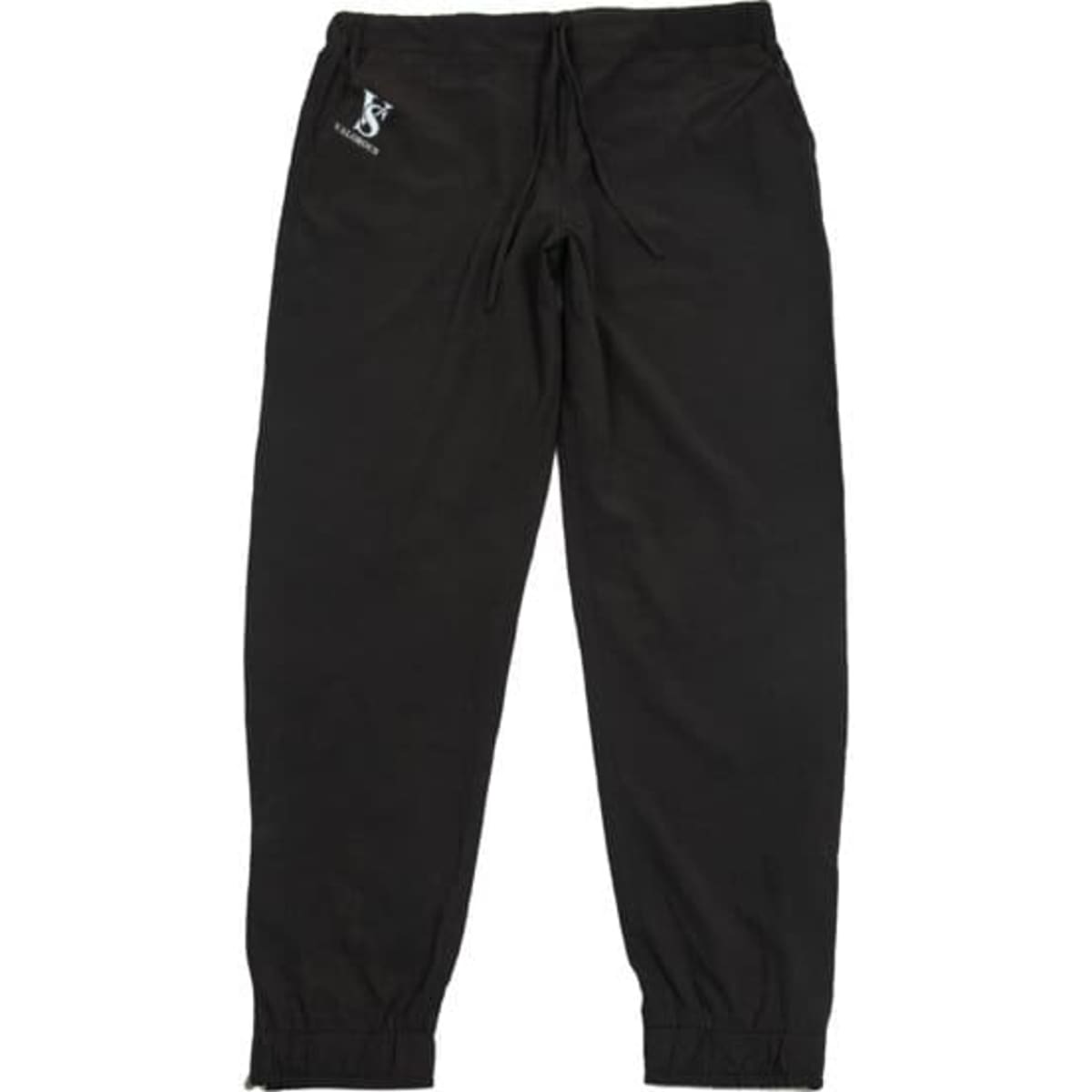 Water repellent jogger pants in black, featuring an elastic waistband and cuffed ankles. Includes a branding logo.