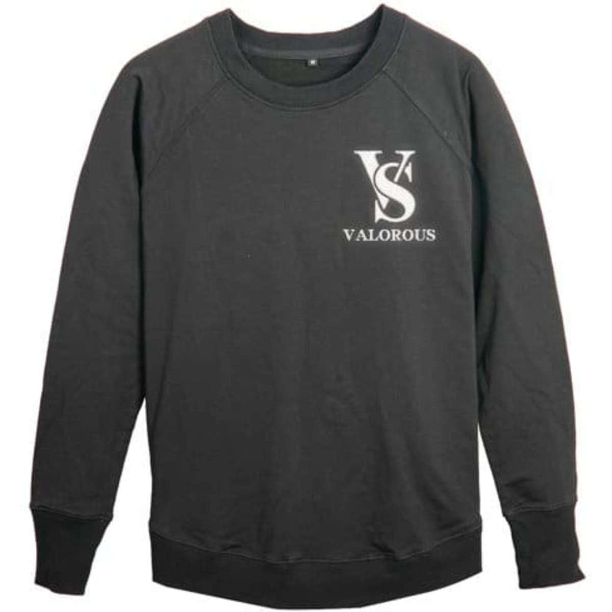 A black crewneck sweatshirt featuring a logo on the front. It has a relaxed fit and ribbed cuffs.
