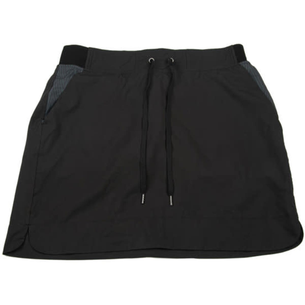 A black water repellent sport skirt with pockets and drawstring, featuring a sleek design and subtle branding.