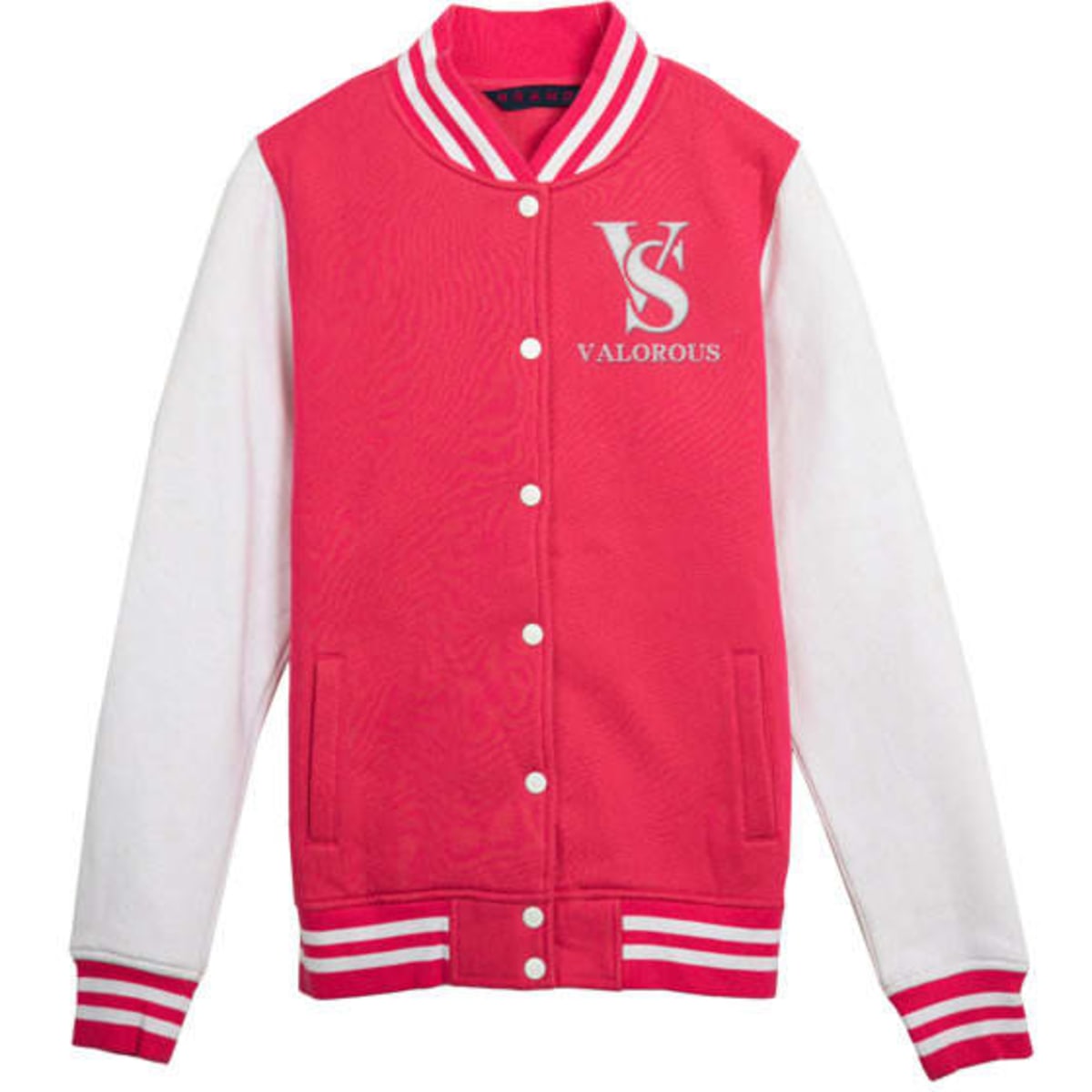 A women's varsity jacket in vibrant pink with white sleeves and a logo on the front.