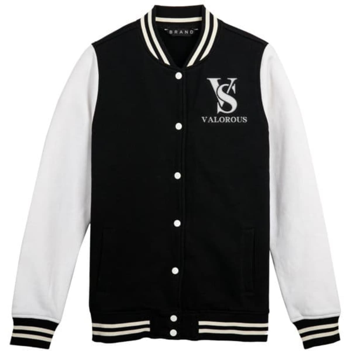 A black and white custom baseball jacket featuring a logo on the front and striped collar and cuffs.