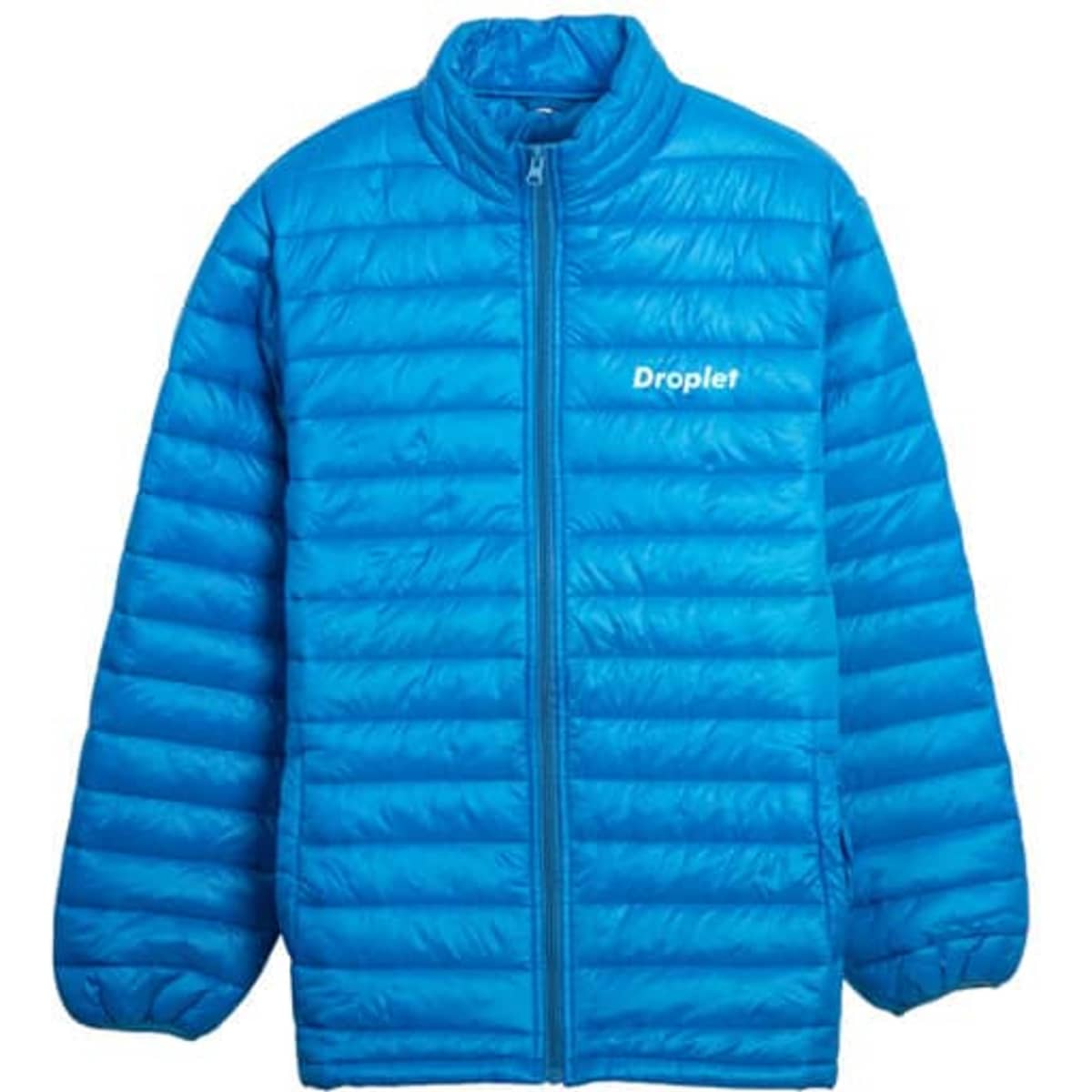 A blue jacket with a quilted design and a logo on the front. Features a zip-up front and stand-up collar.