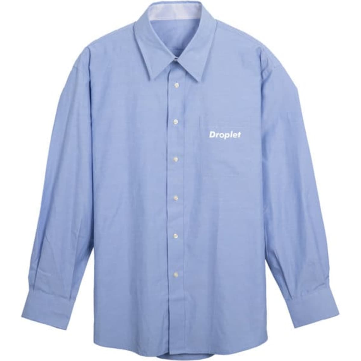 A light blue button-up men's business shirt with long sleeves and a logo on the front.