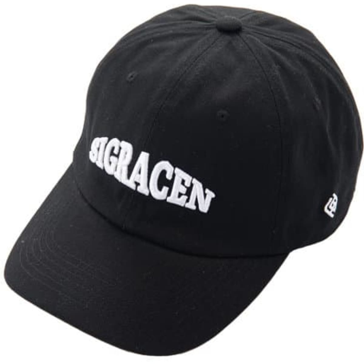 A black cotton six-panel baseball cap featuring a white logo on the front. It has a curved brim and adjustable strap.