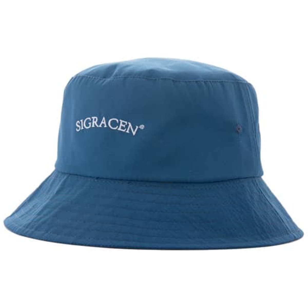 A blue bucket hat made of natural cotton, featuring a logo on the front.