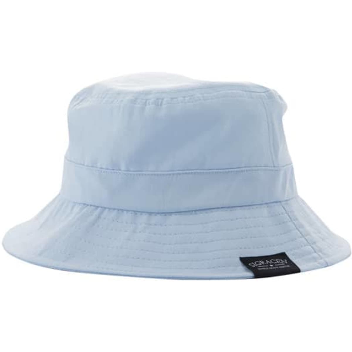 A light blue unisex foldable cotton bucket hat with a logo on the side.