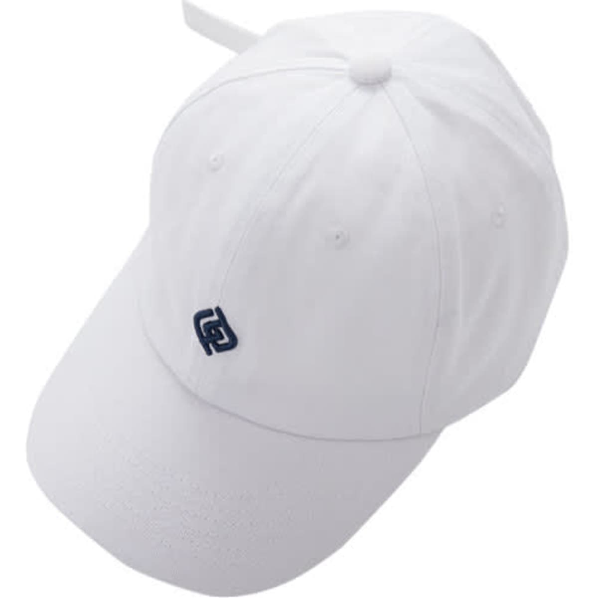 A white six-panel baseball cap with a logo. The cap features an adjustable strap at the back.
