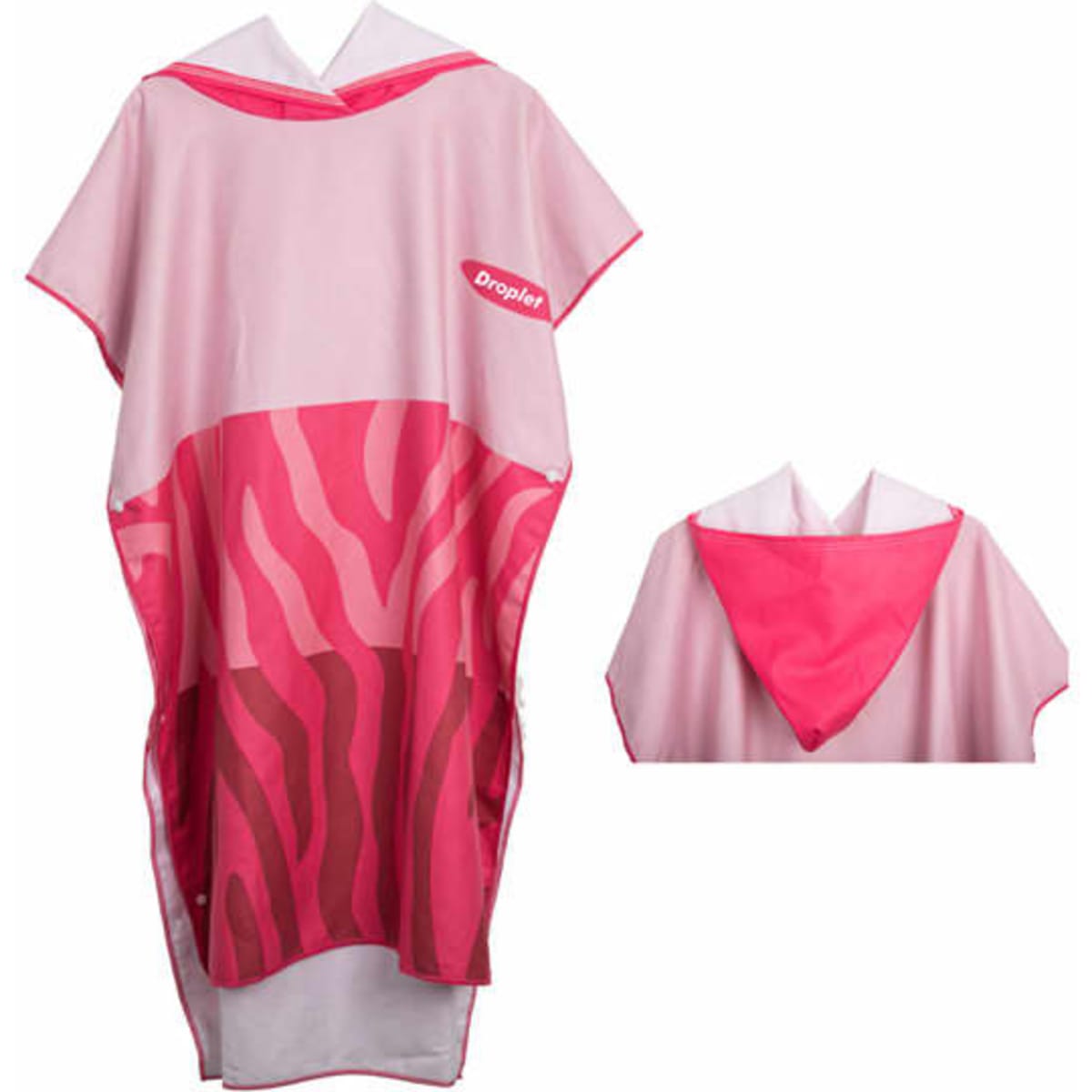 A pink and white hooded beach towel with a vibrant zebra pattern and a logo.