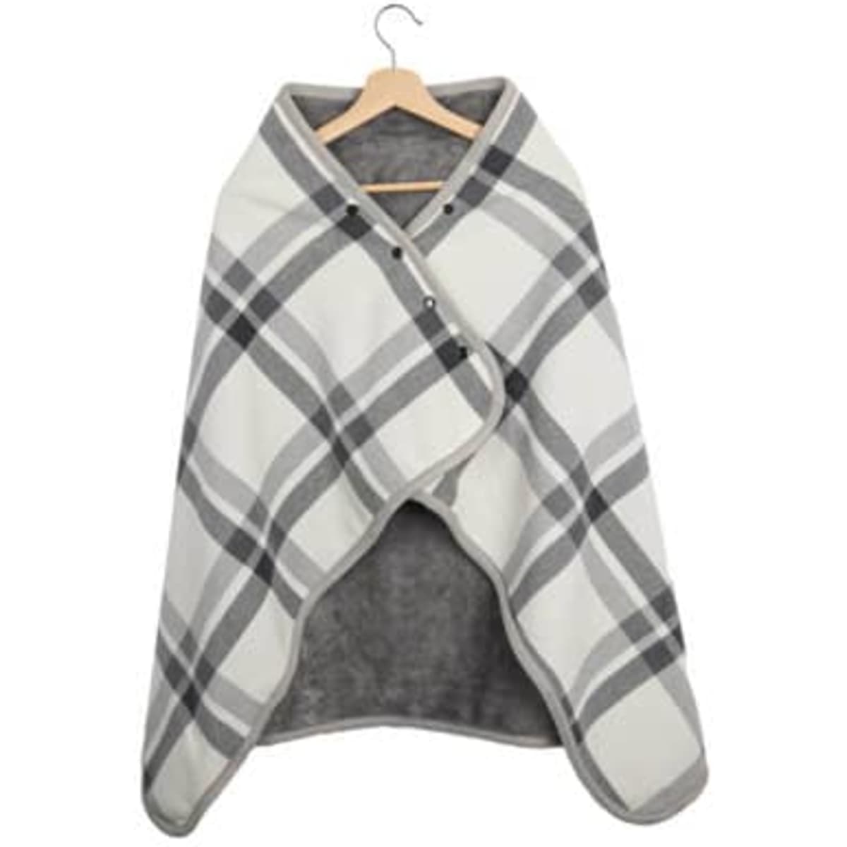 A wearable flannel blanket in grey and white plaid pattern, featuring buttons and a cozy design, displayed on a hanger.
