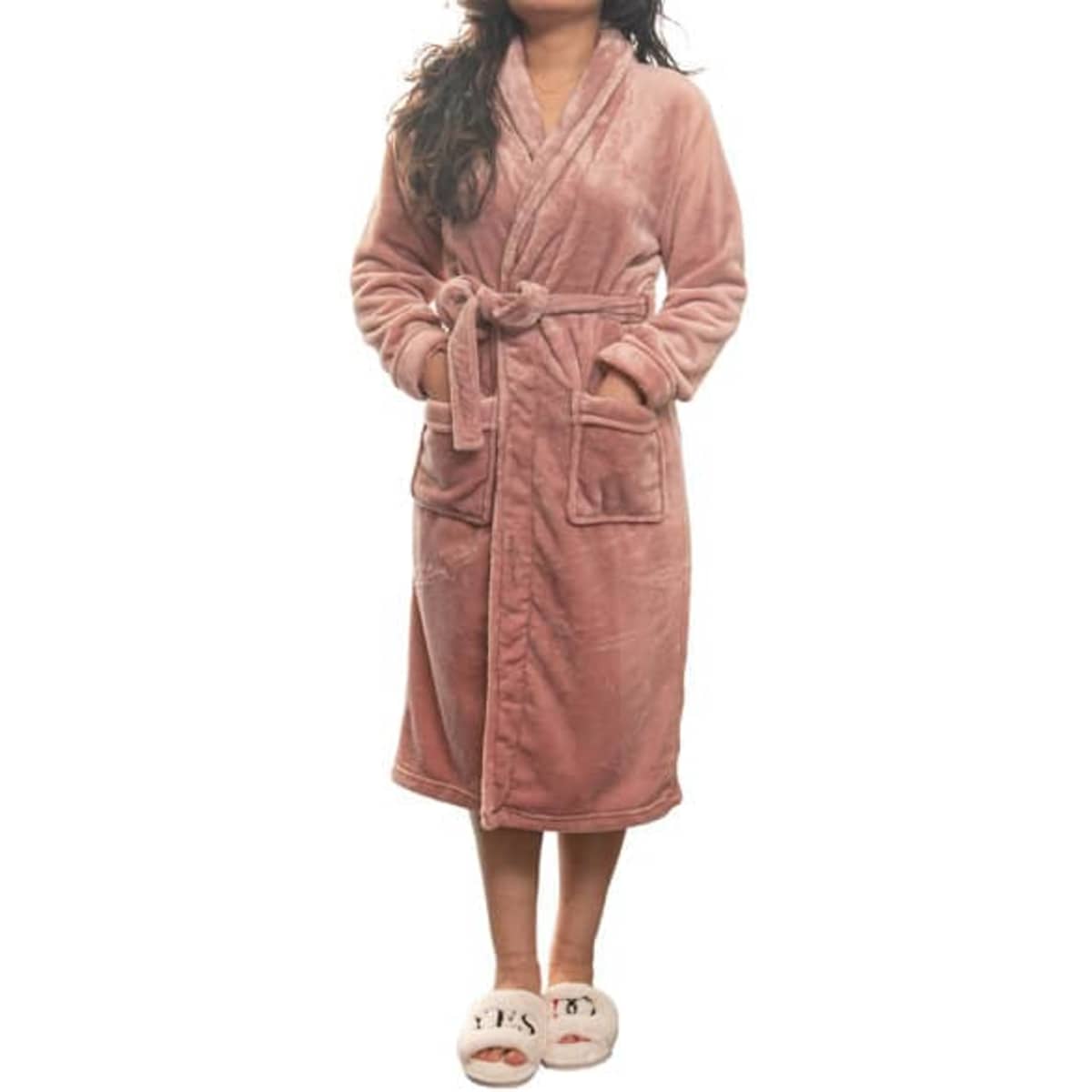 A pink flannel robe with a tie belt and pockets, paired with light-coloured slippers. It features a soft texture.