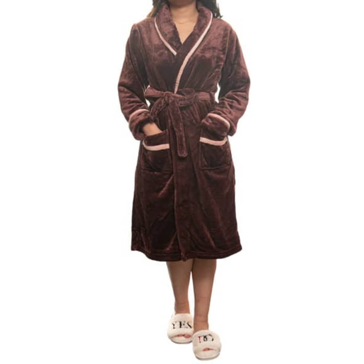 A burgundy flannel robe with a belted waist, featuring two front pockets and a collar. It has branding visible.