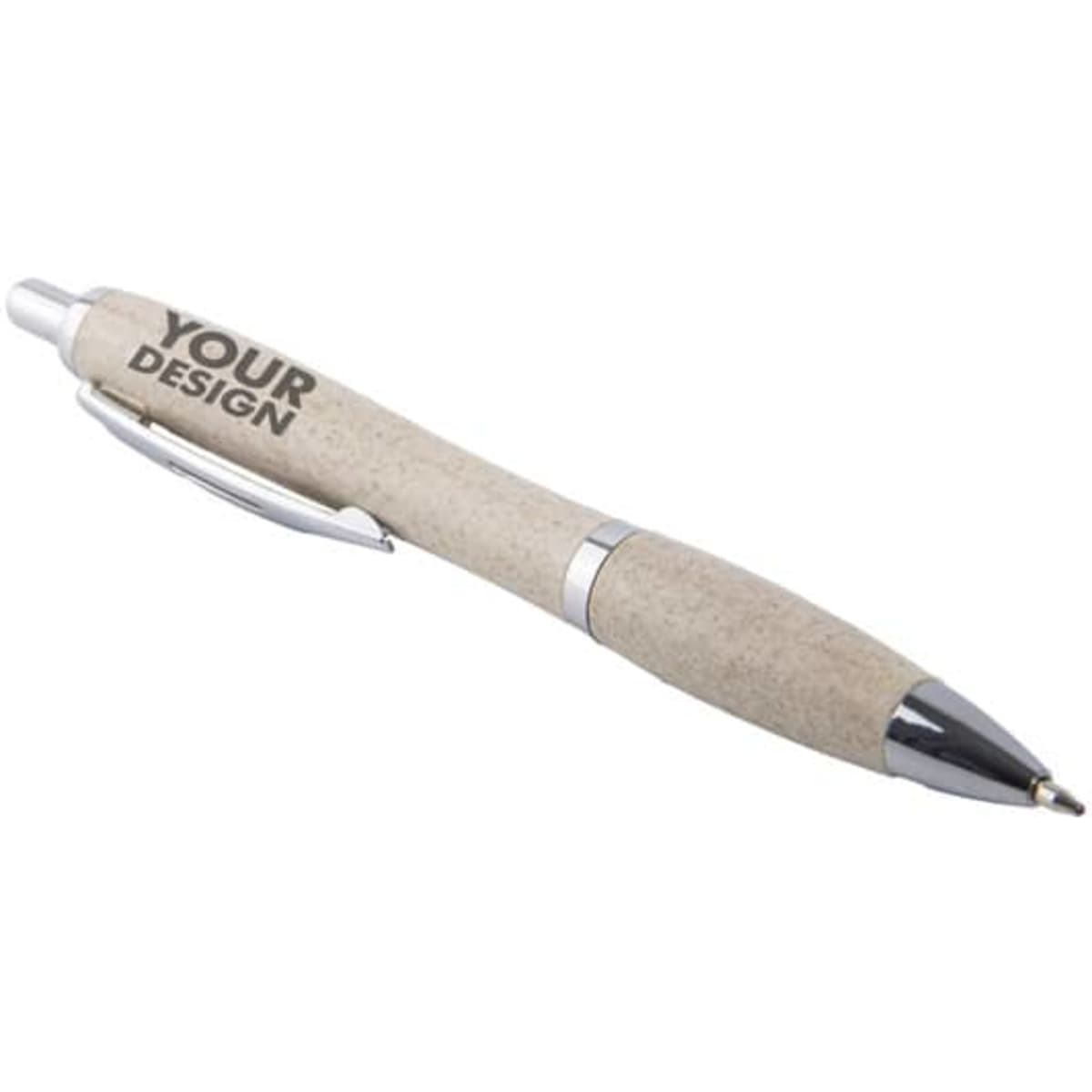 A gourd-shaped ballpoint pen in beige with silver accents and branding.