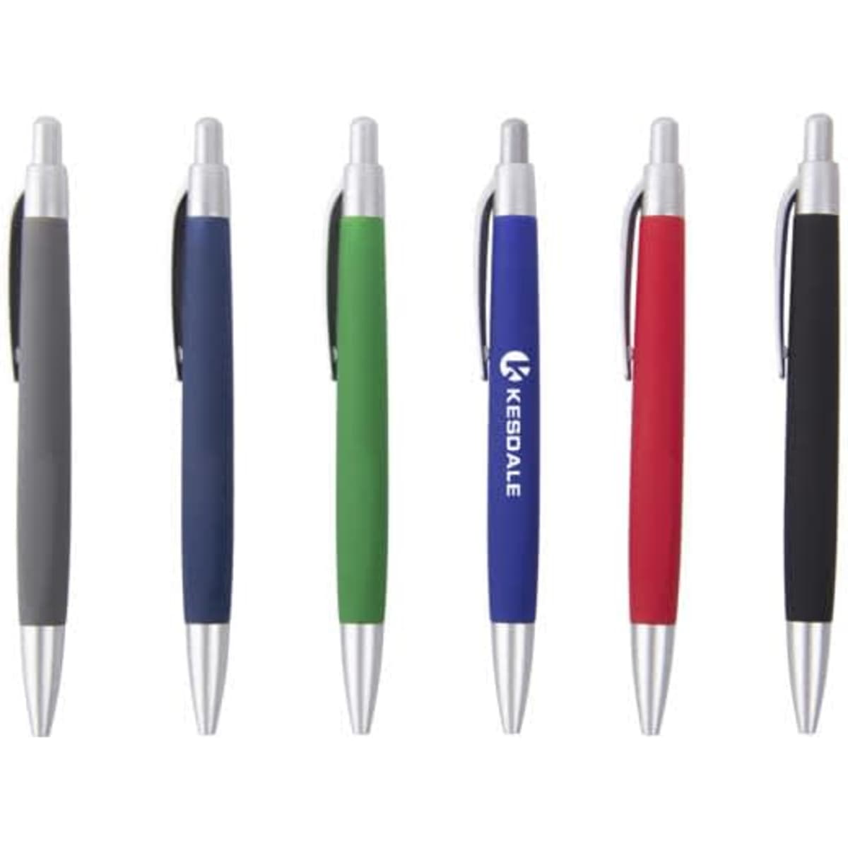 A collection of soft rubber finish ballpoint pens in grey, blue, green, red, and black, each with a chrome clip and branding.