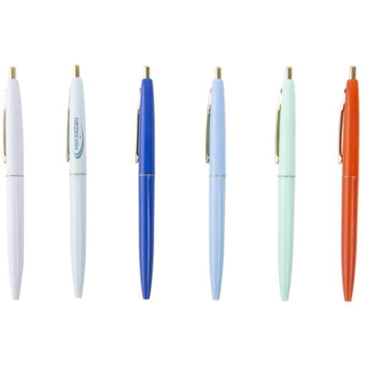 A collection of custom click pens in white, light blue, blue, mint green, and orange, all featuring gold trim and branding.