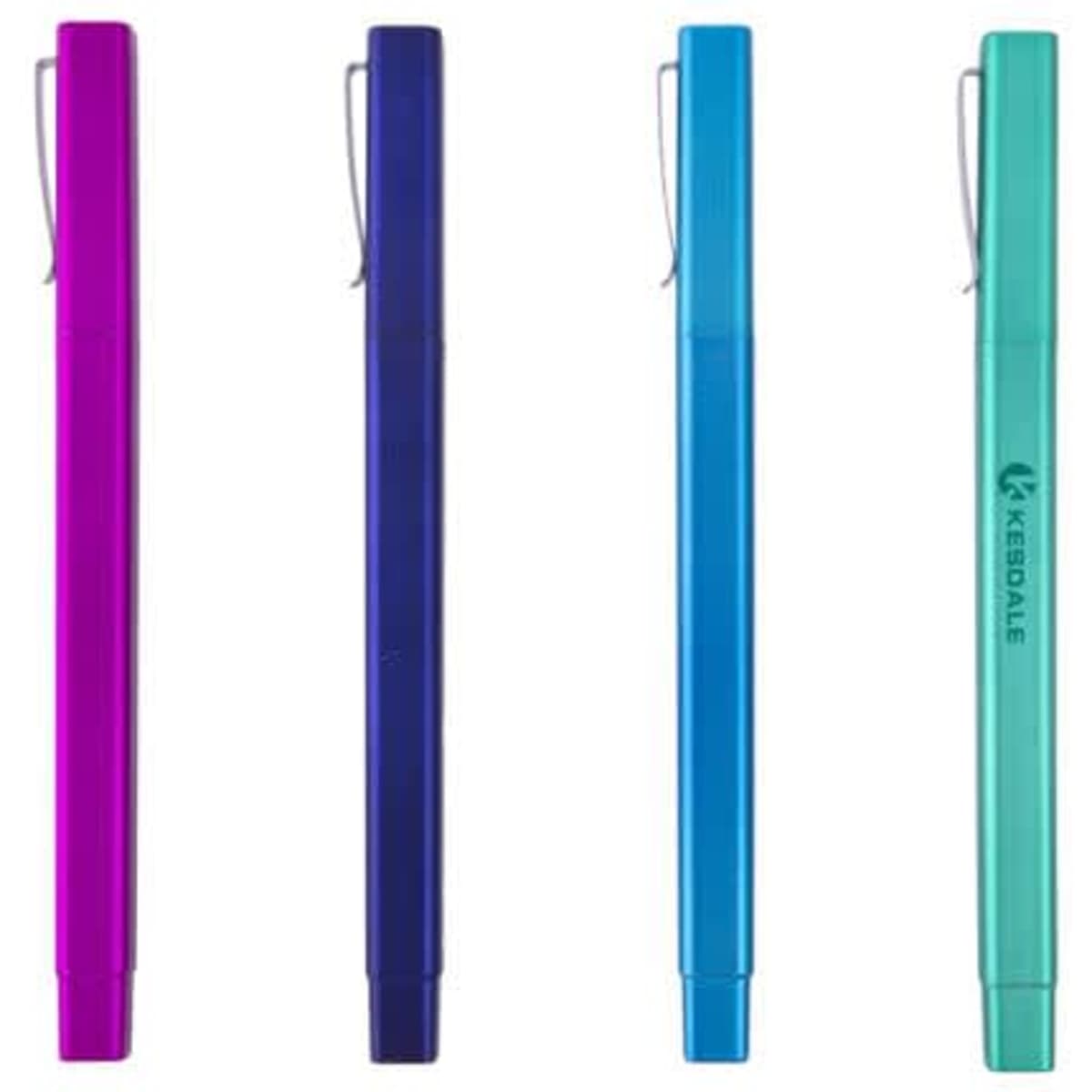 A set of four square ballpoint pens in bright pink, purple, and blue colours, featuring a logo on one pen.