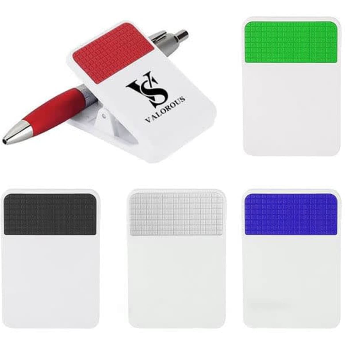 A magnetic memo clip with a pen holder, featuring a red pen and available in white, black, green, and blue.