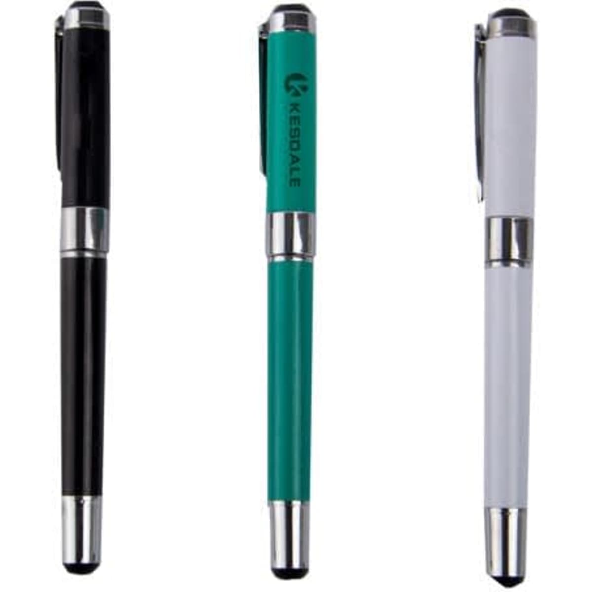 A set of three laser engraved metal pens in black, teal, and white, each featuring a logo.