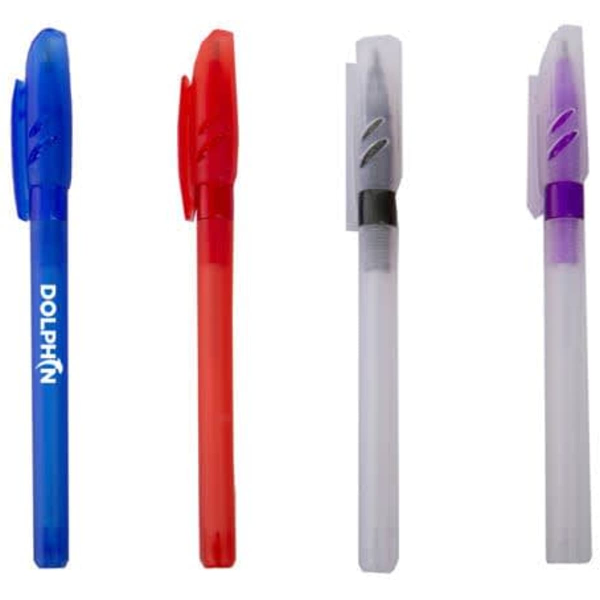 A transparent plastic ballpoint pen collection in blue, red, black and purple, each with a venture cap and logo.