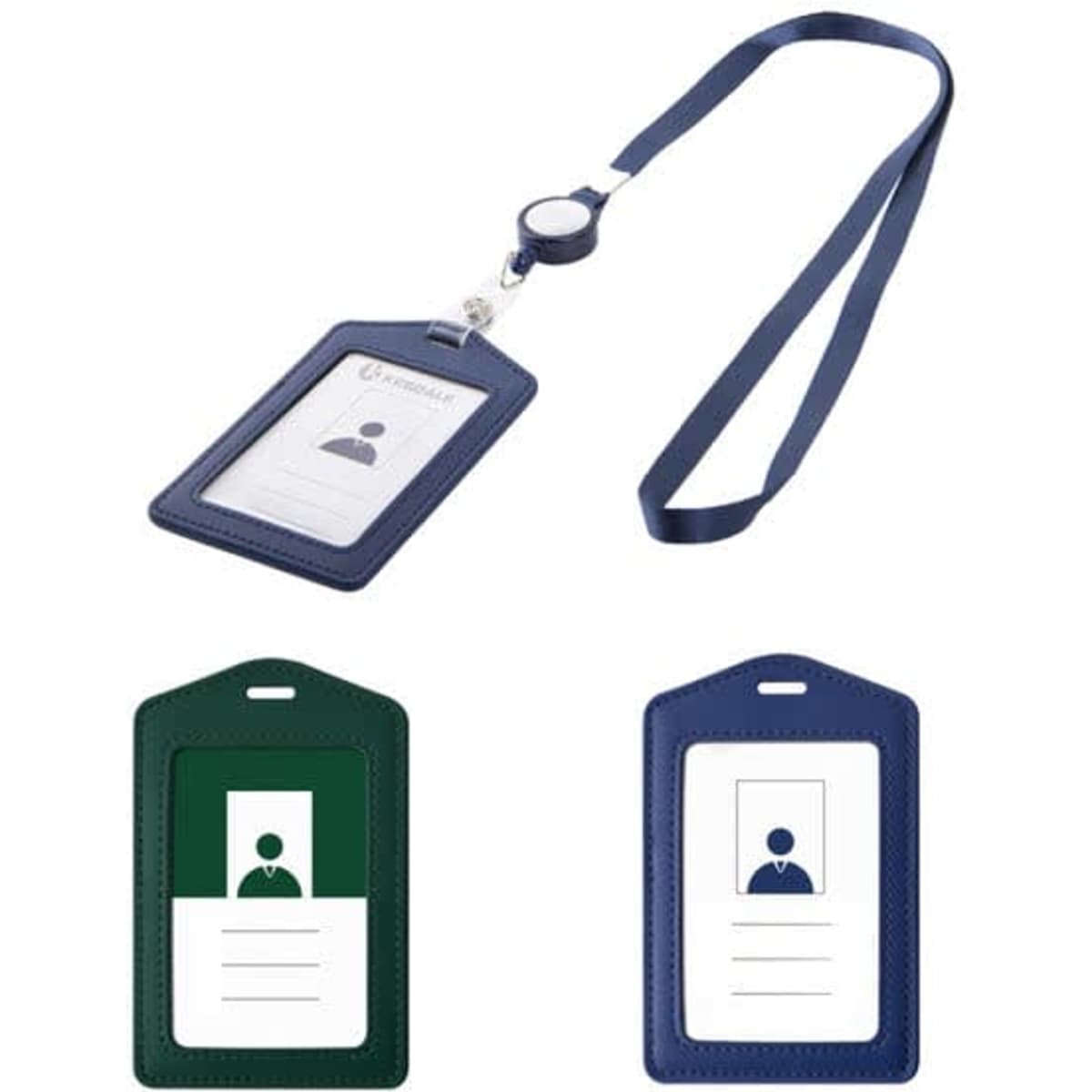 A custom leather ID holder with a navy lanyard, featuring a logo and available in green and navy options.