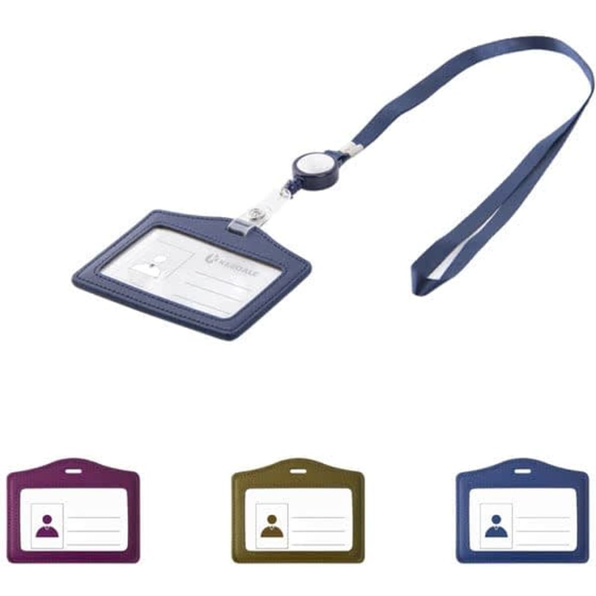 A leather ID badge holder with a lanyard, available in purple, green, and navy blue, featuring a logo.