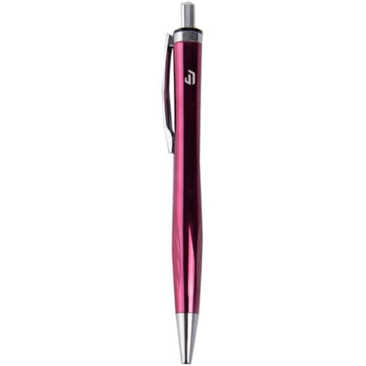 A pink custom ABS curvy ballpoint pen with a silver clip and a logo on the barrel.