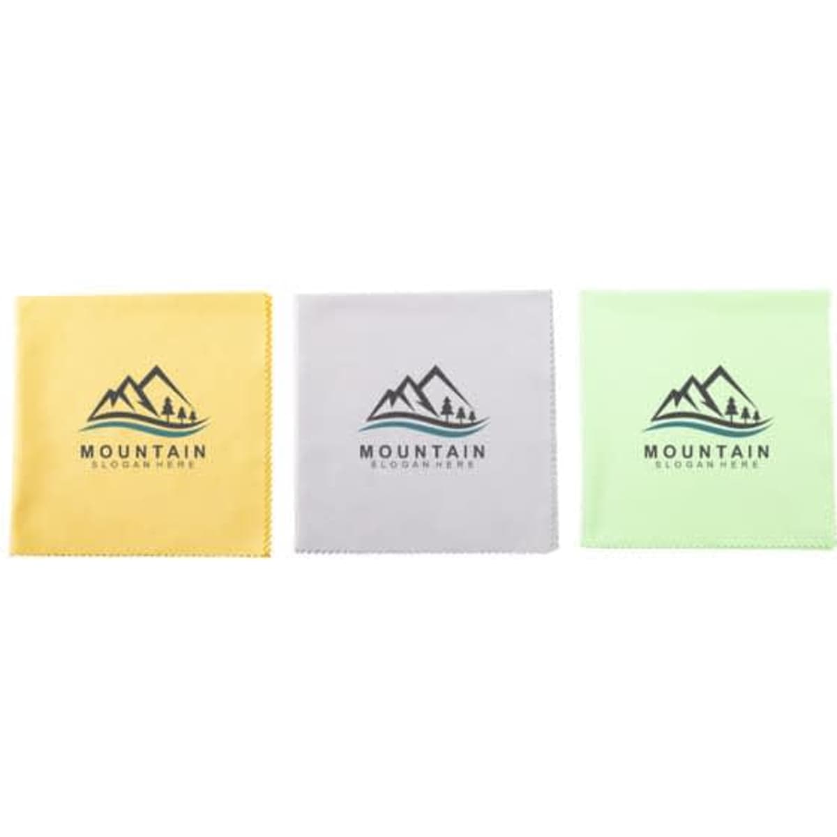 Three custom microfiber lens cloths in yellow, grey, and green, featuring a logo with mountains.