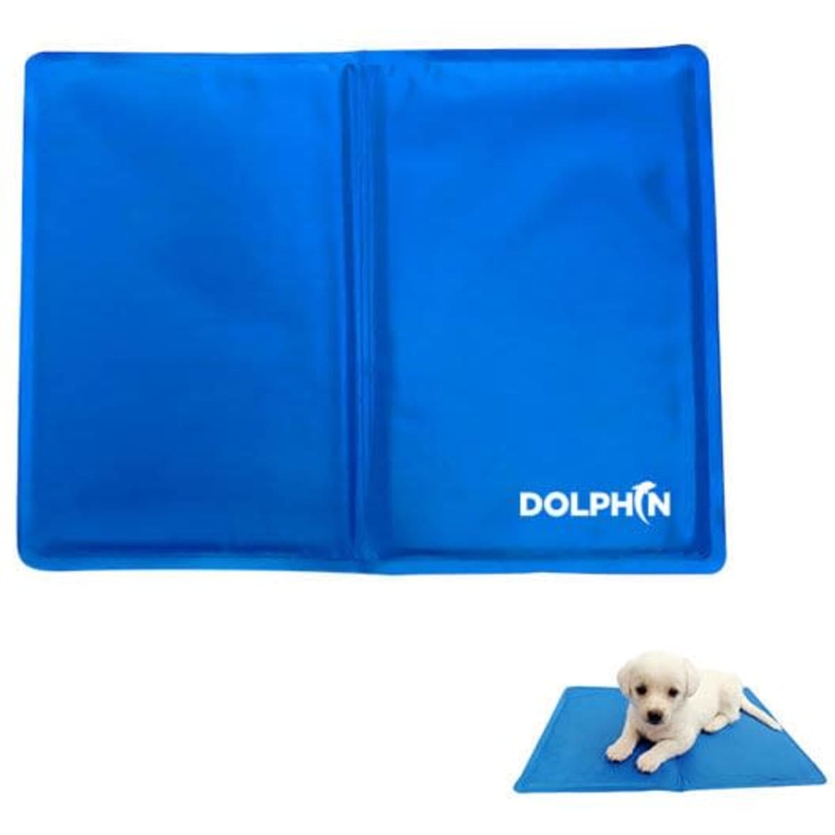 A blue pet cooling gel mat with a logo, featuring a small dog lounging on it.
