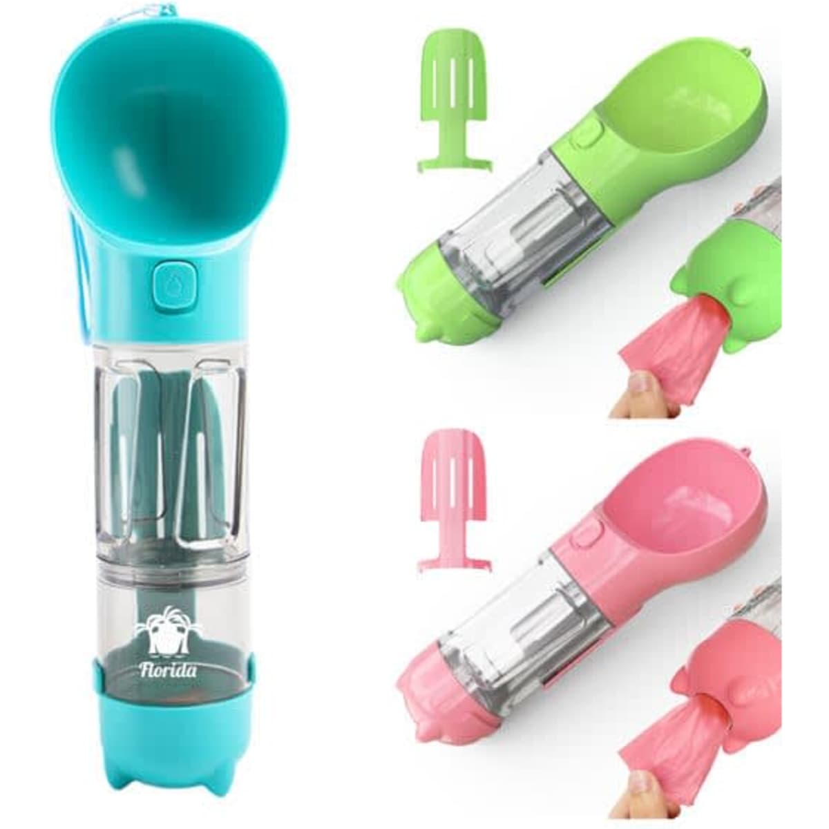 A drink bottle in blue and green with a transparent section, featuring a logo and a scoop attachment.