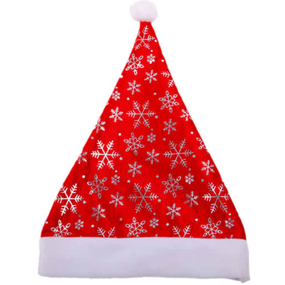 A red Christmas hat with white snowflake patterns and a white fluffy brim, featuring a white pom-pom on top.