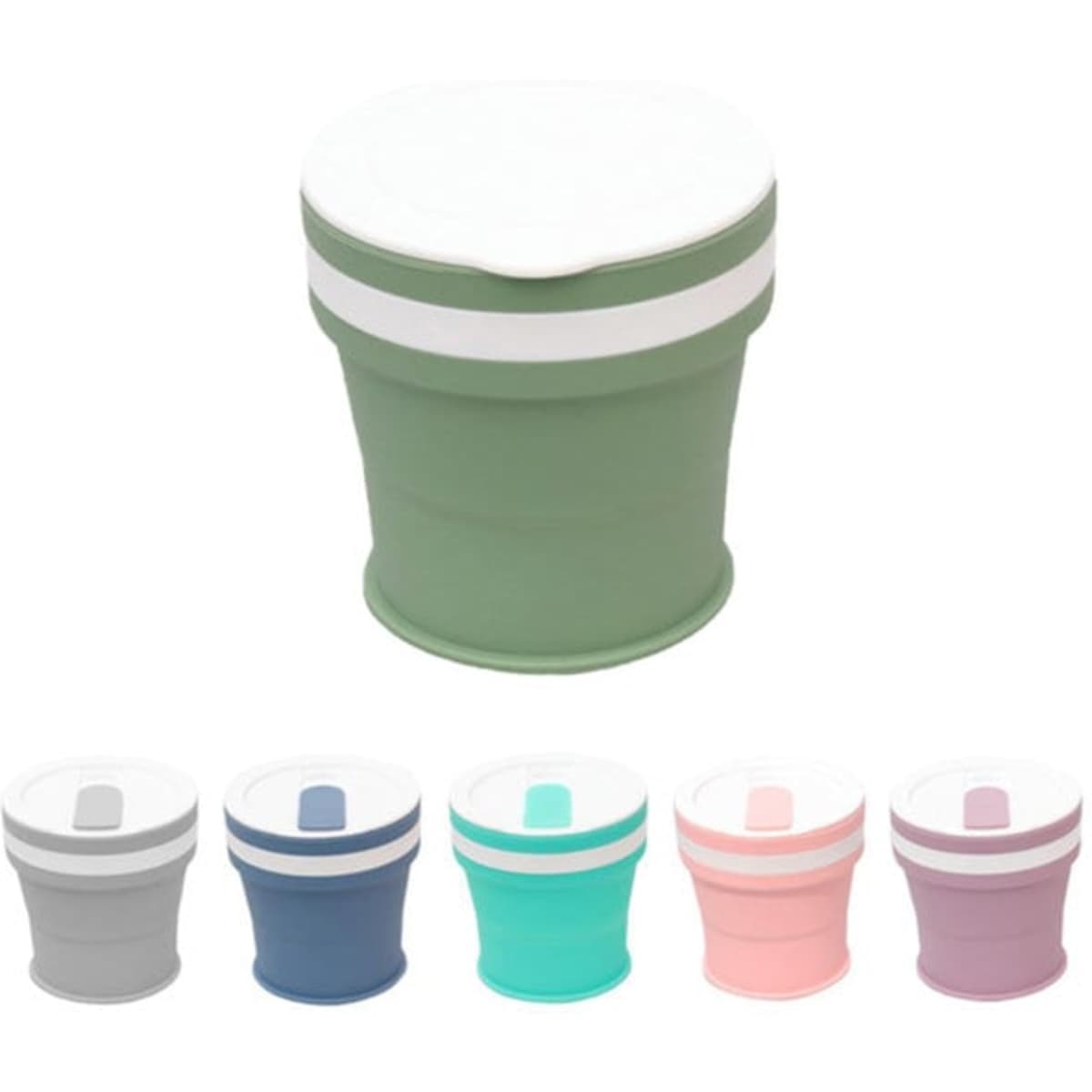 A silicone collapsible travel coffee mug in green with a white lid, alongside mugs in grey, blue, teal, and pink.