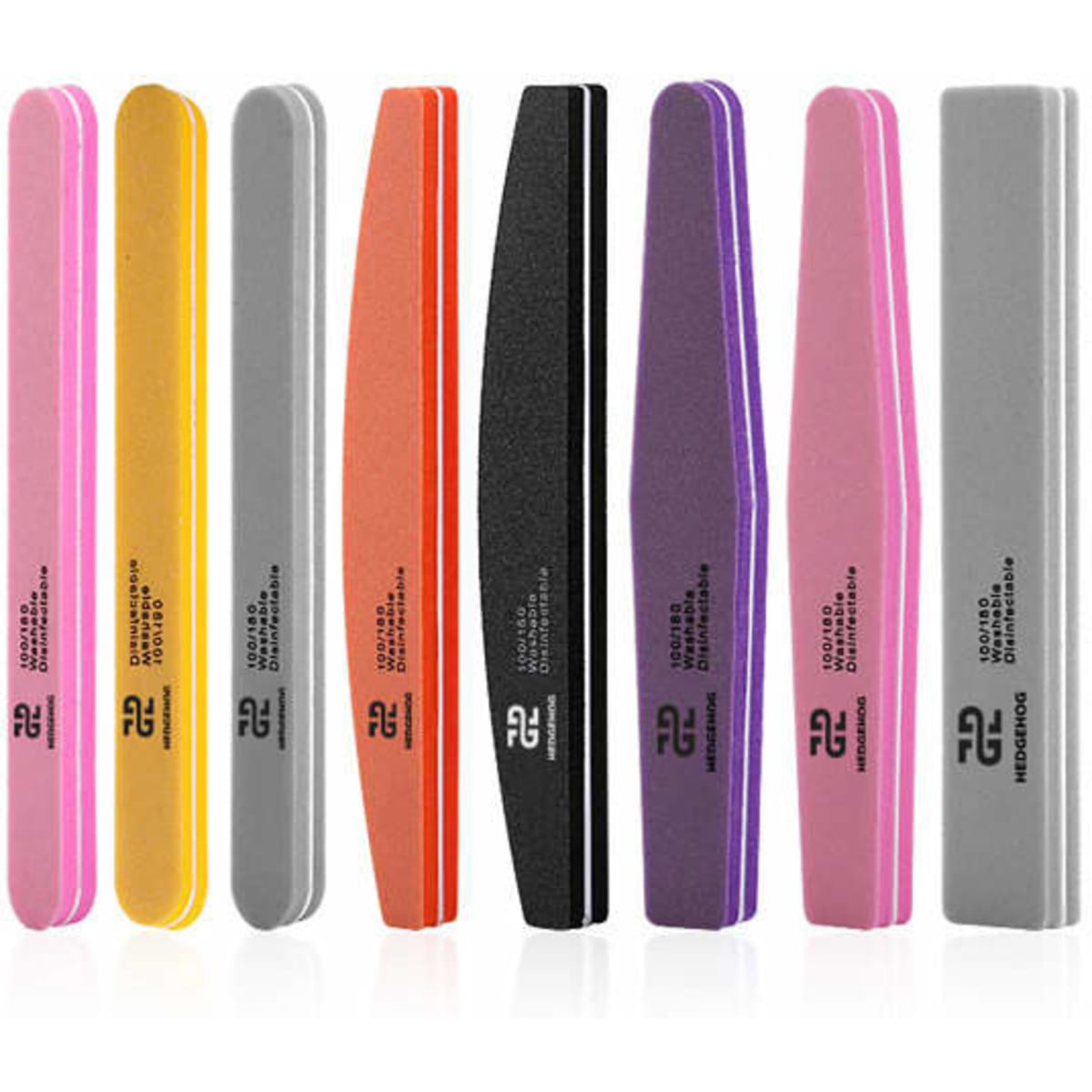 A set of emery boards in various colours including pink, purple, grey, orange, black, and yellow, with branding.