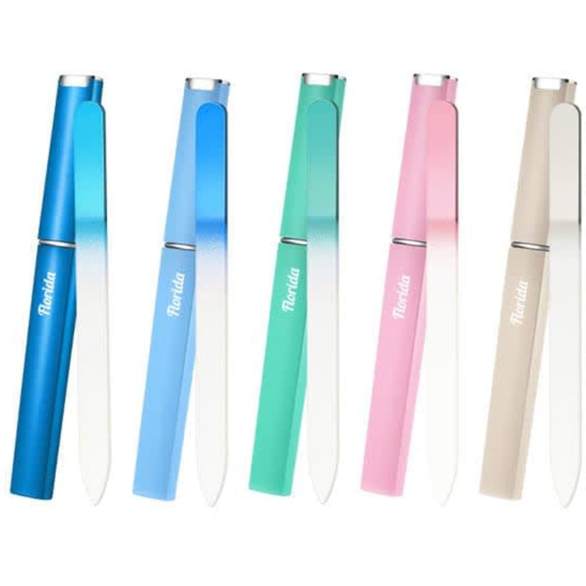 A collection of five personalised glass nail files in blue, green, pink, and beige, featuring sleek designs with branding.