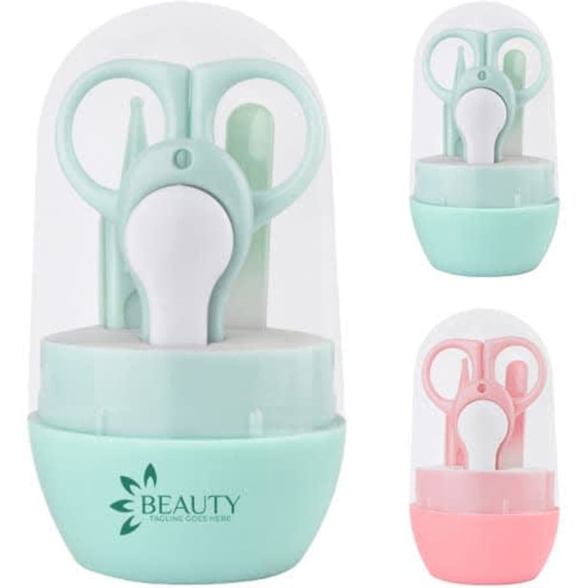 A baby nail kit featuring pastel green and pink tools, enclosed in a protective case with a logo.