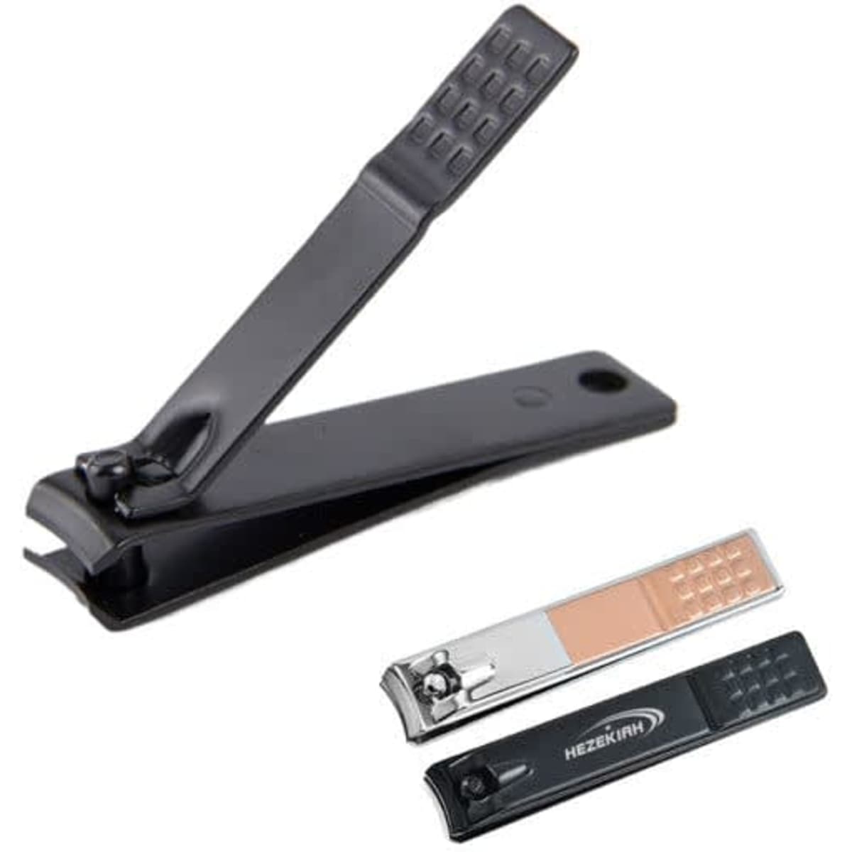 A black carbon steel nail clipper with a shiny silver variant and a copper-toned detail, featuring a logo.