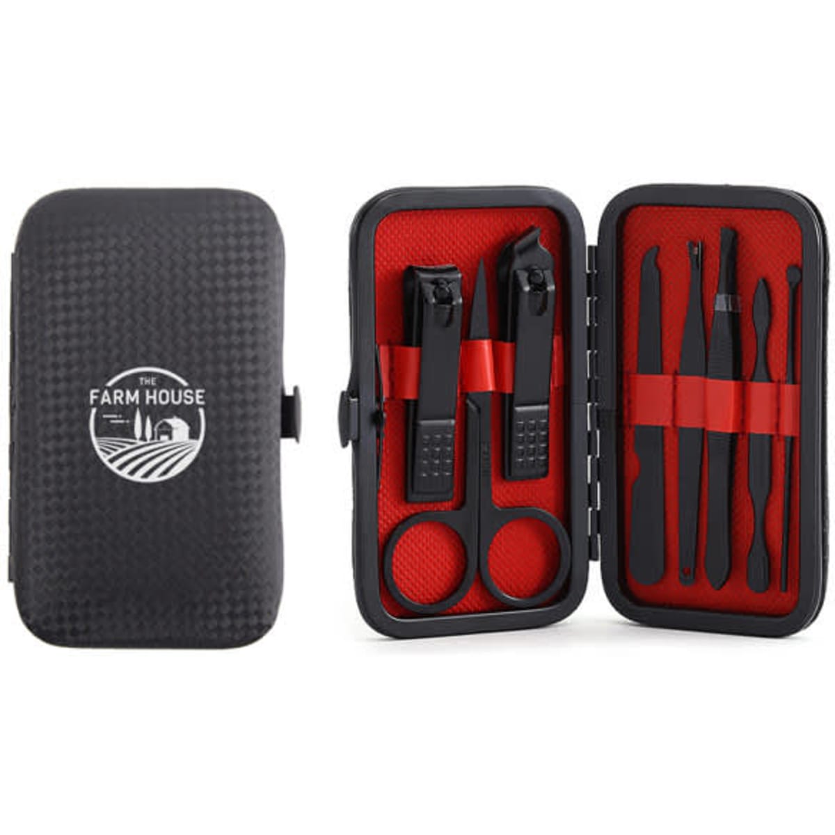 A black manicure set with red interior, containing nail clippers, scissors, tweezers, and grooming tools, in a zippered case.