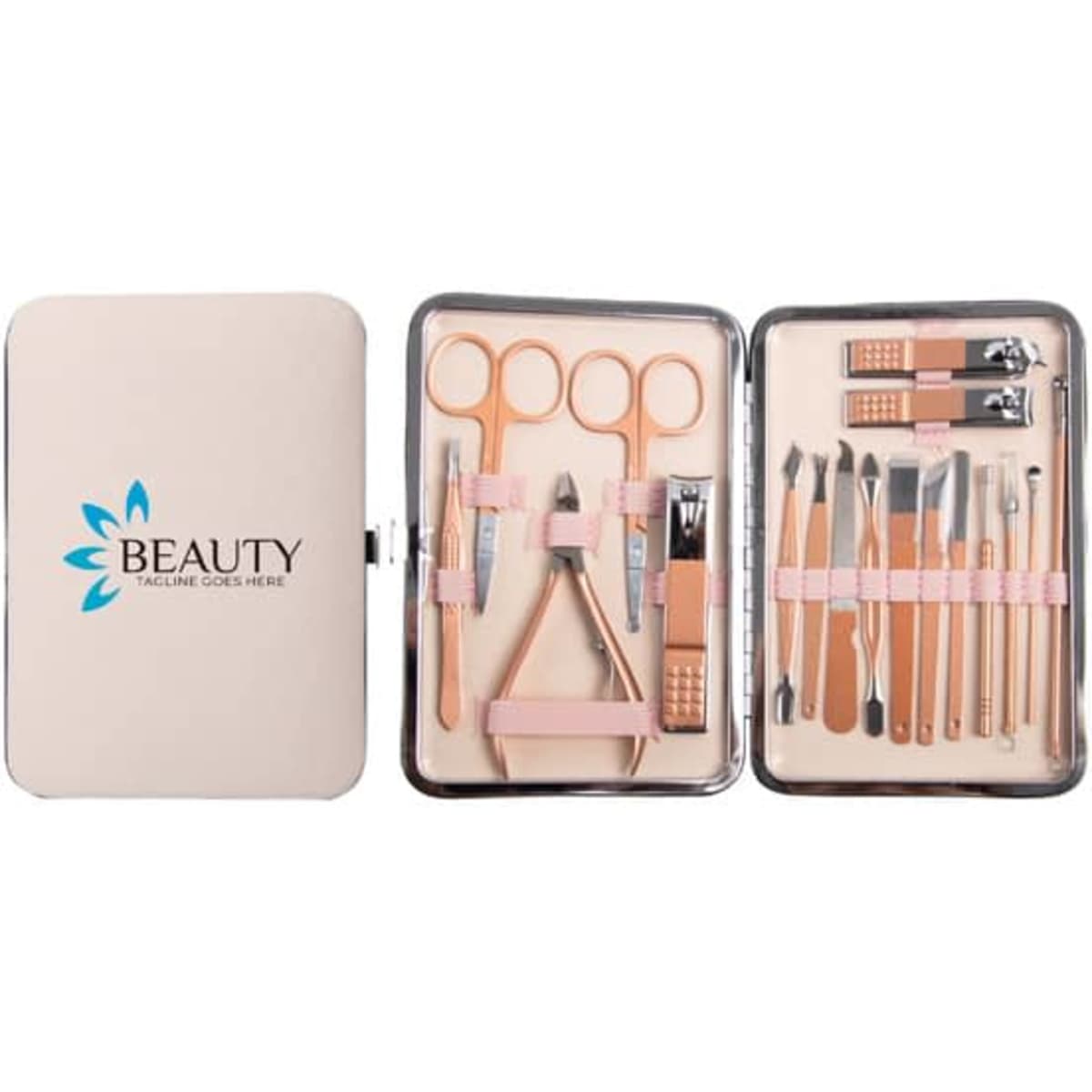 A rose gold nail clipper set in a tan case, featuring various manicure tools and a logo.