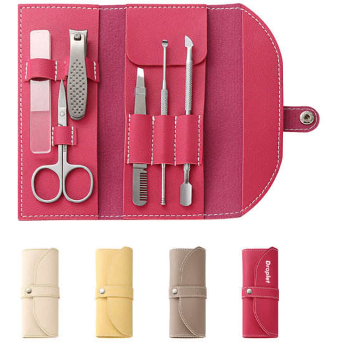 A manicure set with tools, including scissors and files, in a pink PU leather case. Available in multiple colours.