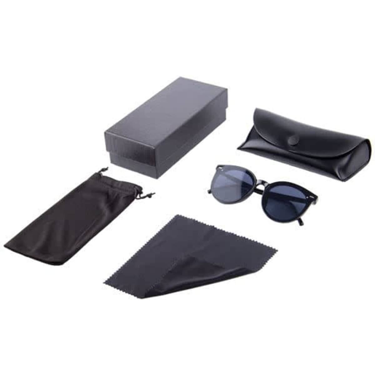 Custom black sunglasses with a carrying case, a pouch, and a cleaning cloth, all displayed together.
