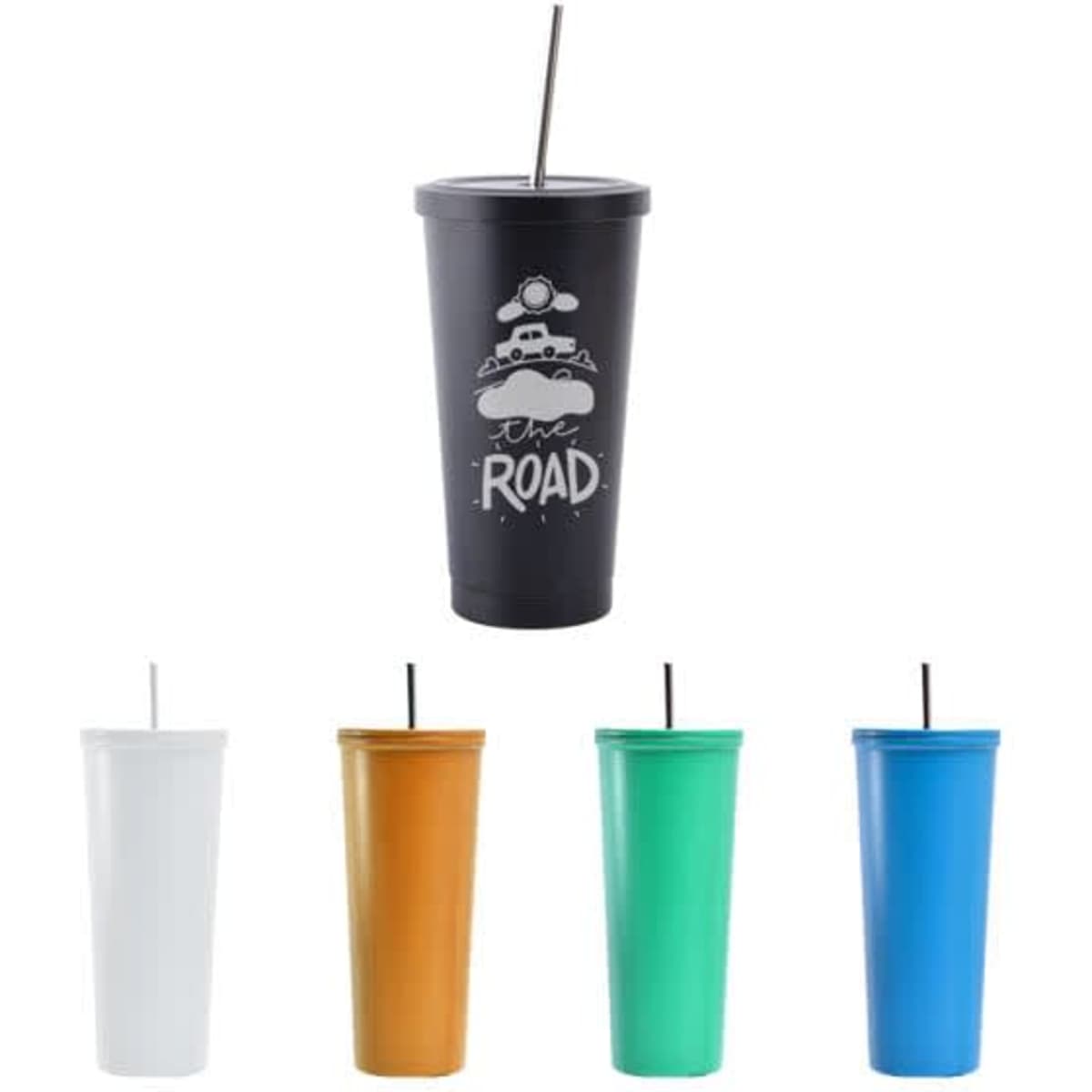 A drink bottle with a black body and straw, accompanied by white, orange, green, and blue tumblers. Each has a logo.