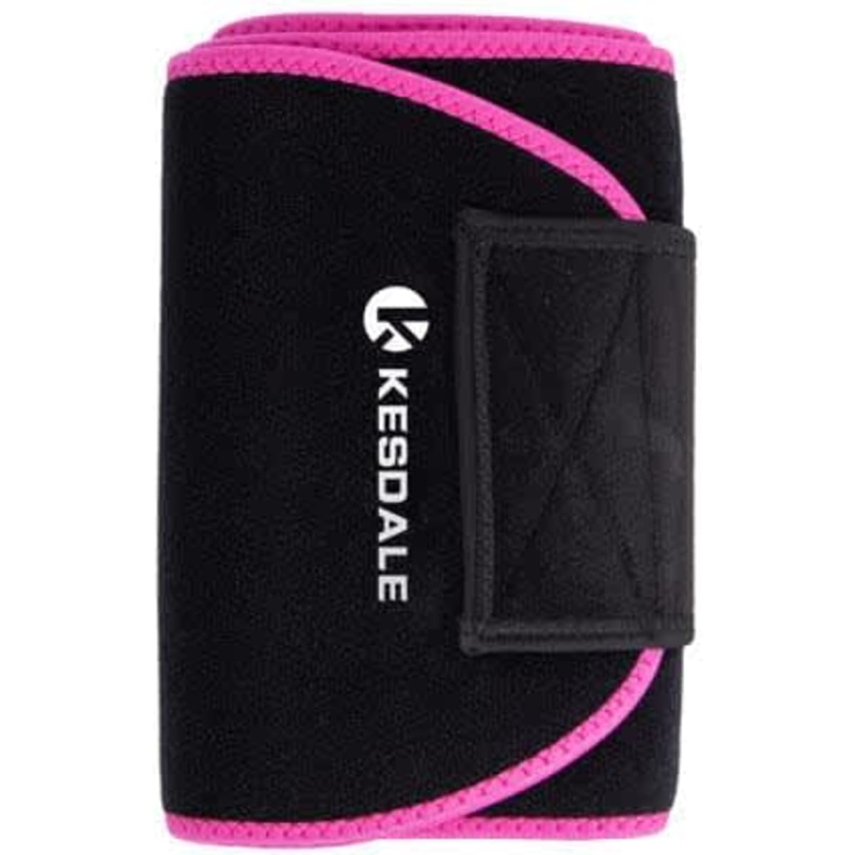 A black waist trimmer belt with pink accents and a logo, featuring a hook-and-loop fastener for adjustment.